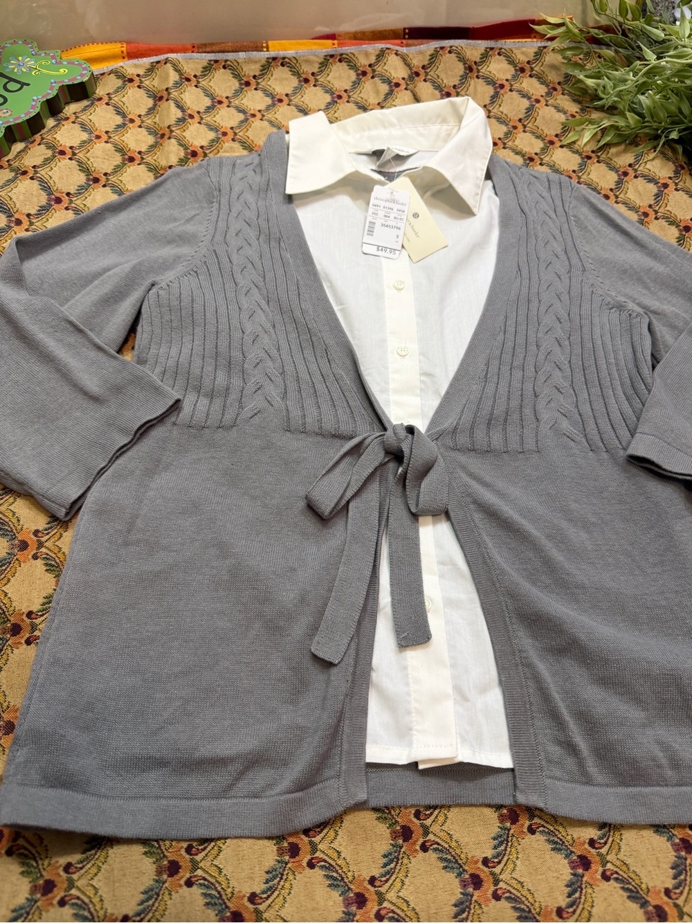 Gray Tie-Front Women's Cardigan Sweater-one piece - Picture 2 of 11
